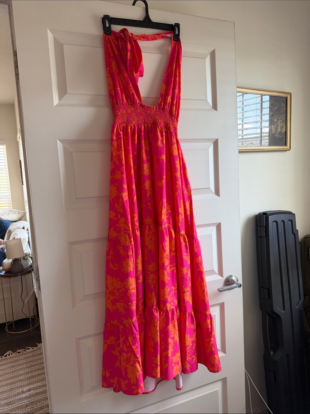 Vibrant Pink & Orange Floral Halter Maxi Dress